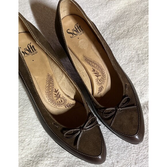 Sofft Varney Leather & Suede Size 8 1/2 Two Tone Brown Bow Pointed Toe Heel Pump - Picture 5 of 9